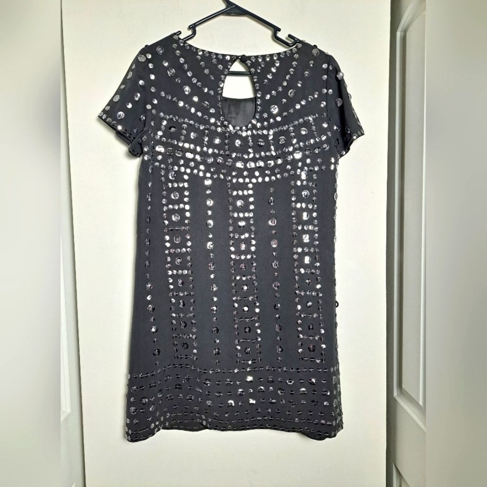 Elliott Lauren silk art to wear sequin gray mini dress date night party